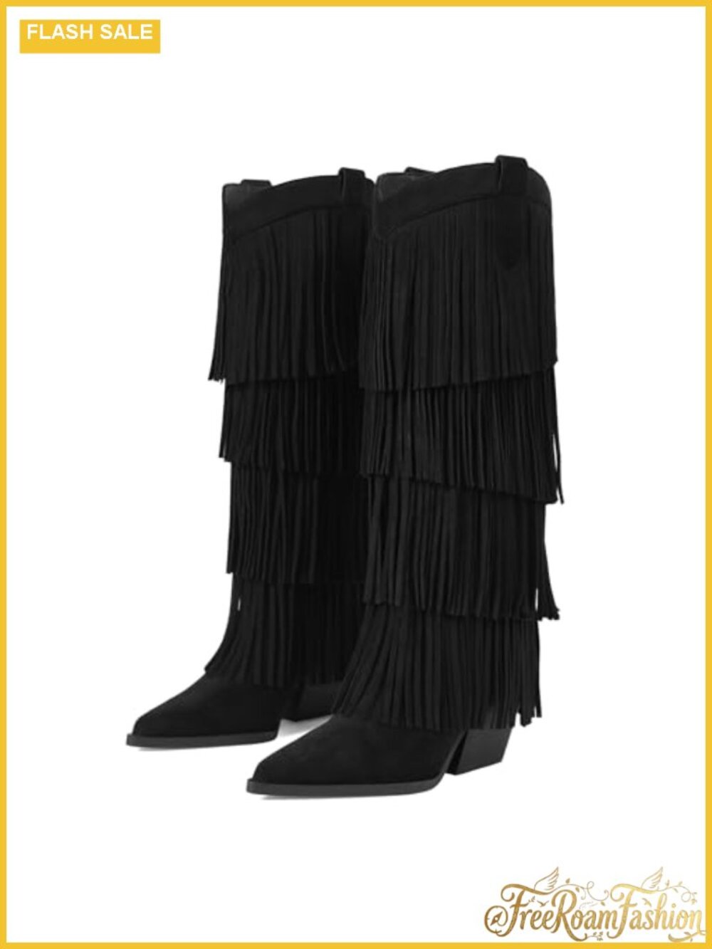 Womens Fringe Knee High Western Boots Chunky Heel Pointed Toe Slip On Wide Calf